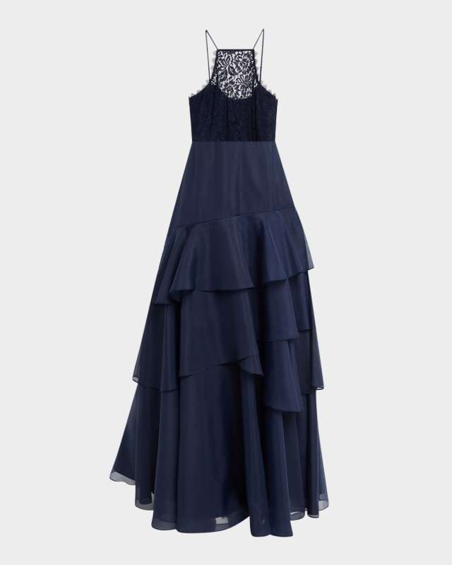 Lace & Tiered Organza Halter Gown